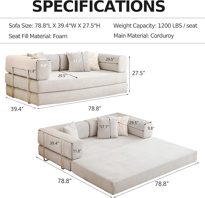 78.8''Convertible Sleeper Sofa Bed,Compressed Floor Boneless Couch,Modular Modern Corduroy Sofa for Living Room Bedroom -with Fixed-Shape Frame and Support Armrest,Easy Assembly(White