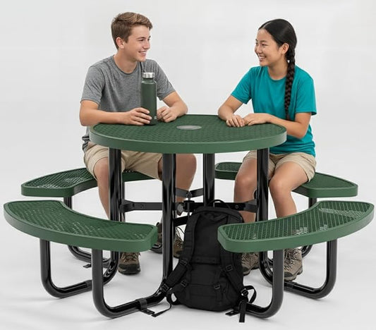 Metal Picnic Tables for Outdoors with Umbrella Hole - Coated Steel Heavy Duty Commercial Grade Furniture Set with Adjustable Seats (Green, 38 in, Round, Expanded Steel)