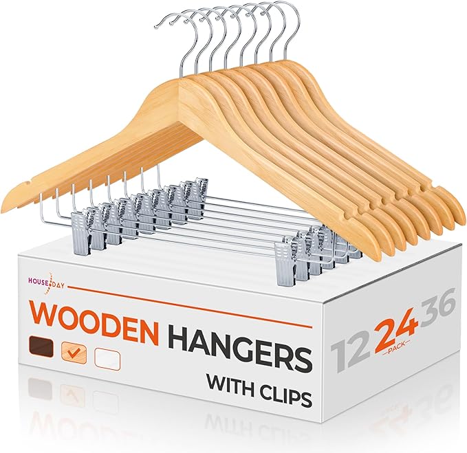 HOUSE DAY 24 Pack High-Grade Wooden Suit Hangers Skirt Hangers with Clips Solid Wood Pants Hanger Natural Smooth Finish Premium Wood Hanger with Durable Metal Clips for Blouse, Dress, Coat, Jacket
