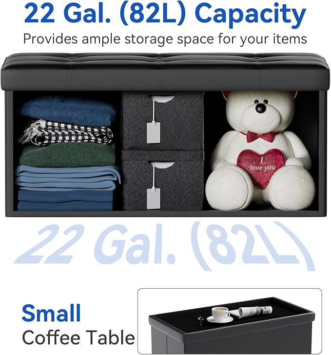 BRIAN & DANY 30 Inches Storage Ottoman Bench, Faux Leather Ottoman with Storage, Folding Bench Shoe, Foot Rest Stool, for Living Room, Black