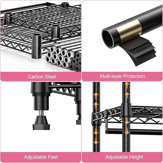 Heavy Duty Rolling Garment Rack 3 Tiers Adjustable Wire Shelving Clothes Rack with 1 Rods and Side Hooks,Storage Closet Clothing Rack Black 15.7" D x 43.3" W x 76.5" H