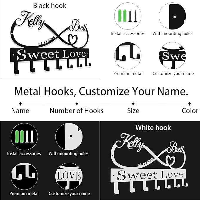 Personalized Key Hooks for Wall,Custom Couples Name Loving Heart Key Holder Wall Mounted,Fashion Coat Rack,Metal Key Hanger with Hooks,Key Rack Organizer for Entryway,Hallway,Doorway