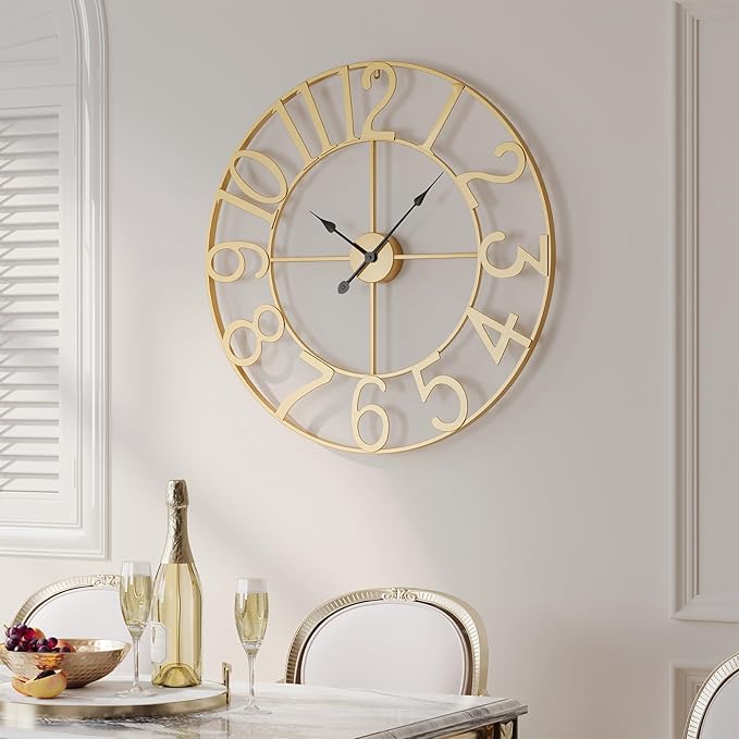 Cuspin 20 Inch Wall Clock Gold, Large Decorative Wall Clocks Battery-Operated, Modern Metal Round Clock Silent Non Ticking Arabic Numerals for Living Room Kitchen Mantel Office Decor