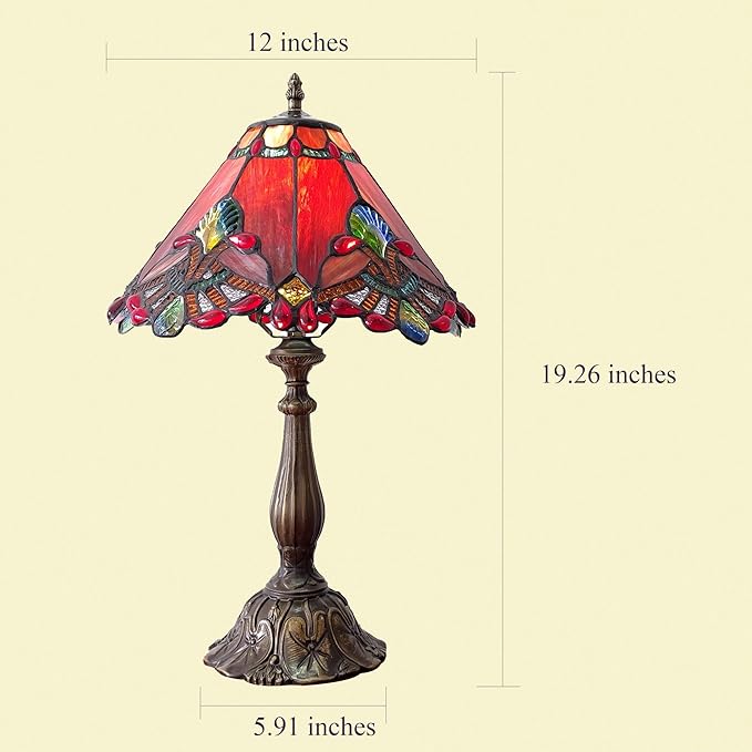 Tiffany Table Lamp Red Baroque Style Stained Glass Lamp 12X12X19 Inch Antique Lamp for Office Home Bedroom Living Include 3-Color LED Bulb