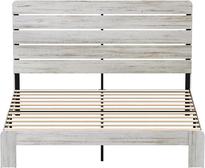 Rustic White King Size Wooden Bed Frame with Farmhouse Headboard, Solid Wood Platform Bed with Wood Slats, Noise-Free Structure, No Box Spring Needed