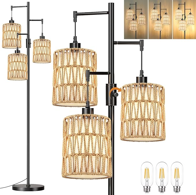 Boho Floor Lamp for Living Room Bedroom-3 Light Dimmable Floor Lamp with Three Led Bulb, Rustic Tall Lamp Black Standing Lamp Tree Floor Lamps for Living Room Bedroom,Office,Corner