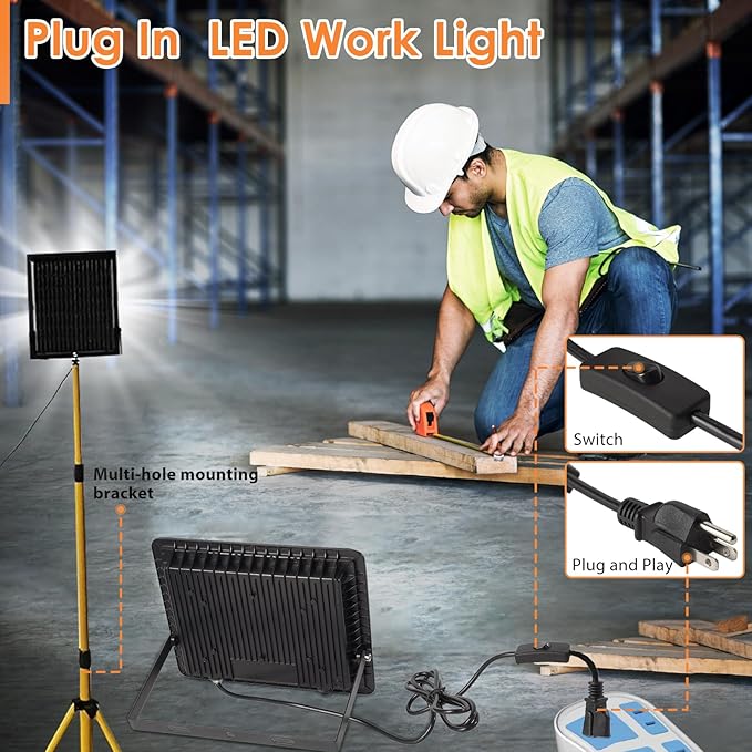 100W LED Flood Light Outdoor 6500K Daylight White,12000LM Super Brighter LED Work Light,IP66 Waterproof Security Light with Switch and Plug for Garage, Garden, Yard, Stadium 2Pack