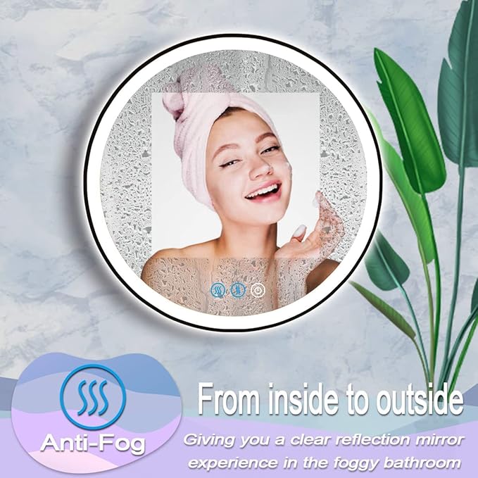 20 Inch Black Round Lighted Vanity Mirror with Lights Black Frame Round LED Mirror for Bathroom Wall 3 Color Adjustable Brightness Anti-Fog 20" Bathroom Black Framed Circle LED Smart Mirrors