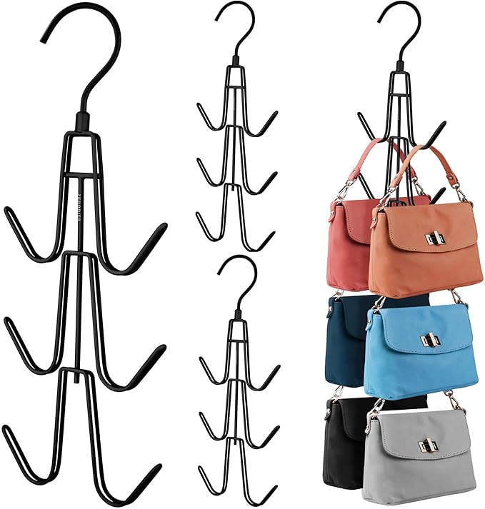 ZEDODIER Purse Hanger Organizer for Closet, 4 Pack Hanging Bag Holder, Keeping Purses Visible and in Good Condition, Metal Handbag Storage Hook Backpack Rack Space Saving Hanger, Black