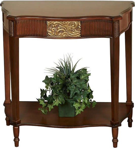 Touch of Class Sarantino Wooden Console Table - Natural Cherry with Aged Gold Details - Traditional Decorative Regal Furniture - Half Circle Moon Shape - Elegant Display for Entryway Room