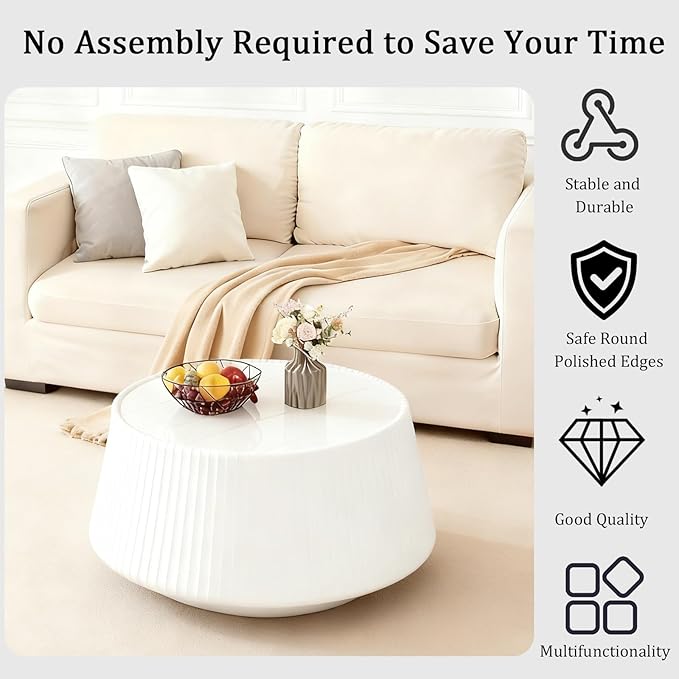 White Round Coffee Table with Sintered Stone Tabletop, 26.77" Drum Coffee Table with Fluted PU Leather Covered and Stable Base, Circle Cocktail Tea Table for Living Room