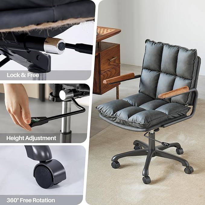 Home Office Desk Chair, Ergonomic Computer Chair with Wheels and Oak Arms, Adjustable Height Rolling Swivel Executive Task Armrests Chair, Charcoal Gray