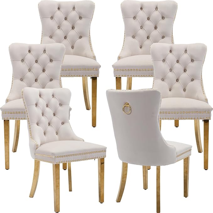 Luxury Upholstered Dining Chairs Set of 6, Beige Kitchen Chair with Golden Metal Legs, Velvet Tufted Back Dining Chair, Sillas de Comedor, Modern Kitchen & Dining Room Chairs (Beige, 6 Pcs)