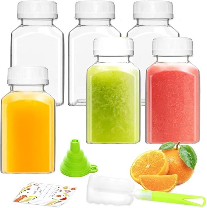 Plastic Juice Bottles, Reusable Juice Containers with White Tamper Proof Lids, Brush, Funnel and Labels, Clear Juice Containers for Juicing, Smoothie and Homemade Beverages (6PCS 4oz)