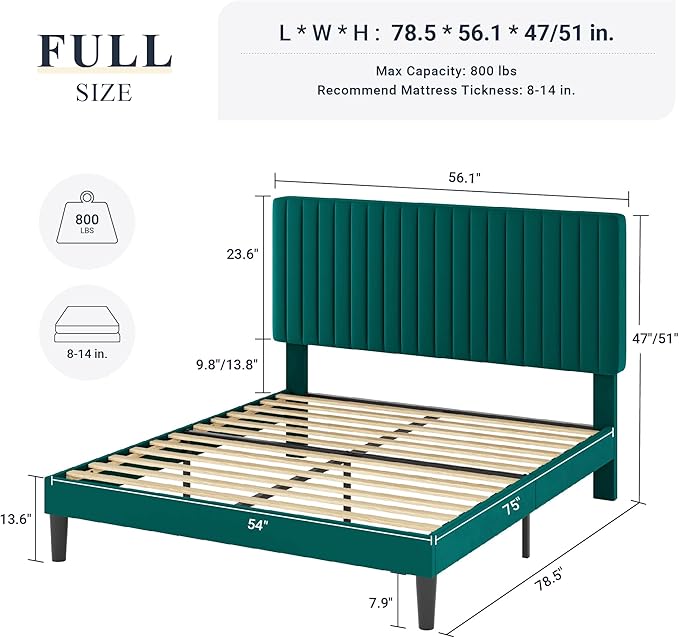 Allewie Full Bed Frame, Velvet Upholstered Platform Bed with Adjustable Vertical Channel Tufted Headboard, Mattress Foundation with Strong Wooden Slats, Box Spring Optional, Easy Assembly, Teal
