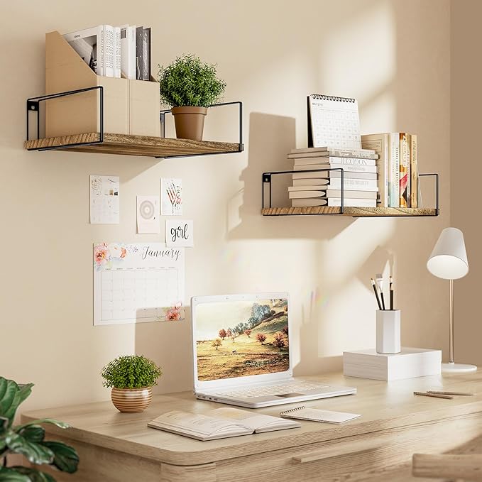 SRIWATANA Wide Floating Shelves, Rustic Wood Wall Shelves Set of 2, Wall Mounted Shelves with Large Capacity for Many Rooms Decor, Carbonized Black