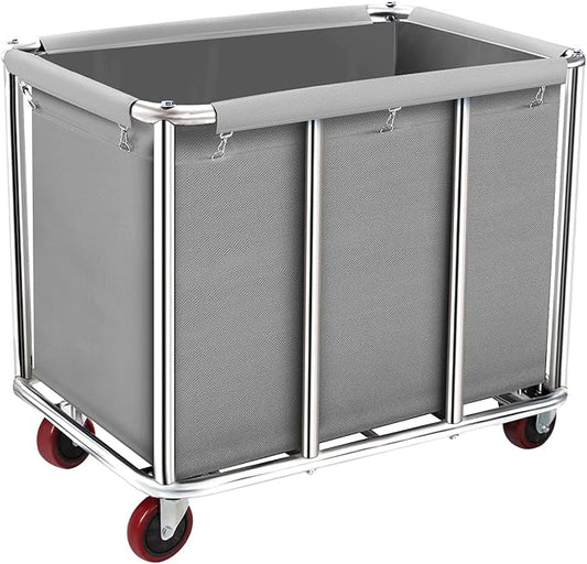Commercial Laundry Cart on Wheels, 11.35 Bushels Large Roller with Removable Waterproof Canvas Lined Basket, Heavy Duty Stainless Steel for Hotels and Hospitals