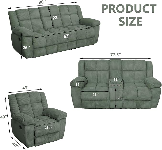 Manual Recliner Sofa Set,Corduroy Reclining Couch Set,Modern Living Room Furniture Set,Reclining Sofa Couch Chair for Living Room Home Office(Green,3 Pieces Set)