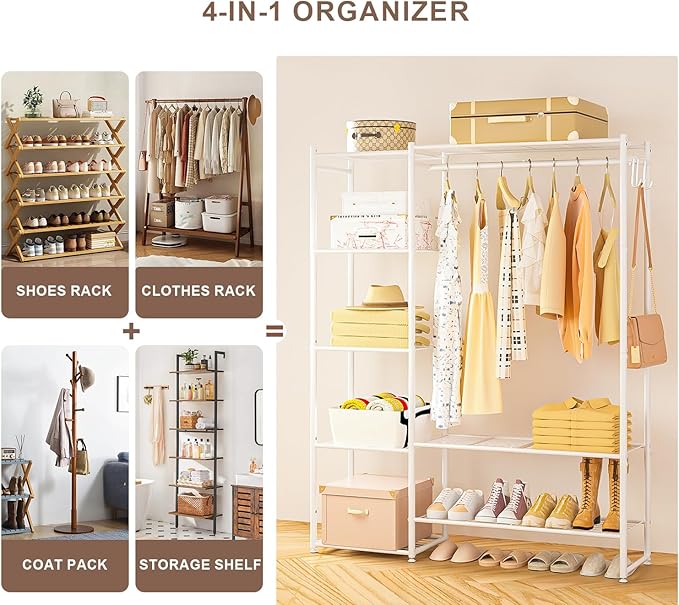 Neprock Clothing Racks for Hanging Clothes with Shelves, Portable Closet System Organizer Garment Rack for Clothes Storage, Metal Free Standing Wardrobe Clothes Organizer(White)
