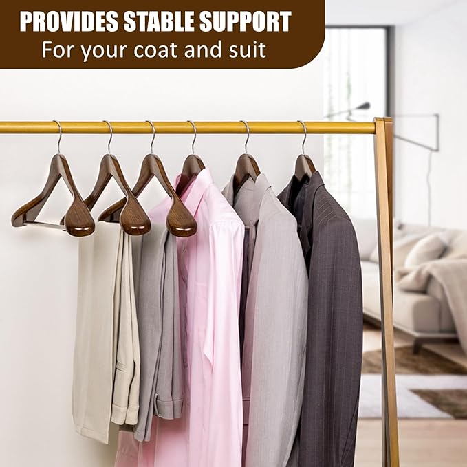 Amber Home 6 Pack Walnut Wide Shoulder Wooden Suit Coat Hangers with Non Slip Pants Bar, Solid Wood Jacket Clothes Hangers Smooth Finish for Sweater, Pants, Heavy Clothes (Walnut, 6 Pack)