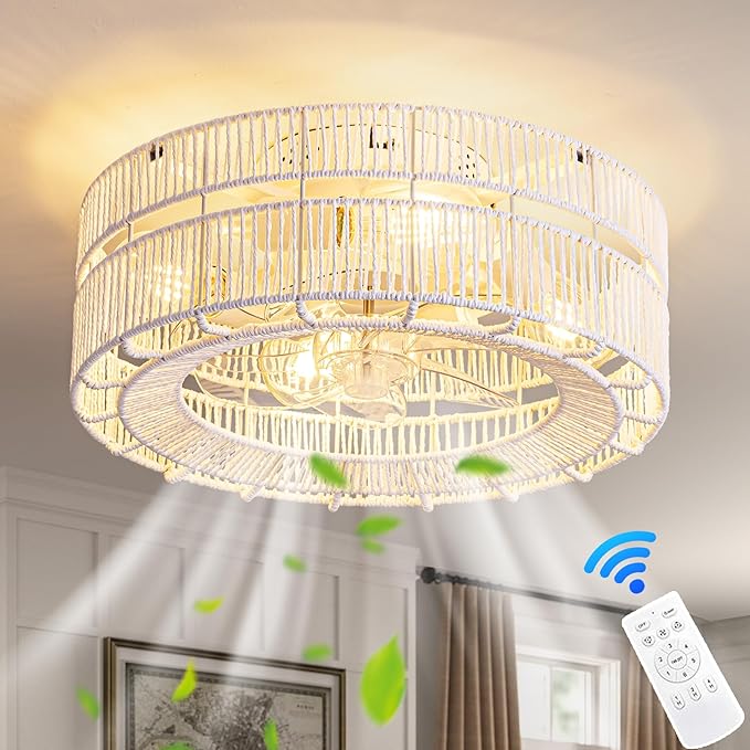Boho Caged Ceiling Fans with Lights Flush Mount，Layered Rattan Ceiling Fan with Light Remote Control，White Farmhouse Low Profile 6 Speeds Ceiling Fan for Bedroom,Living Room,Kitchen,Dining Room