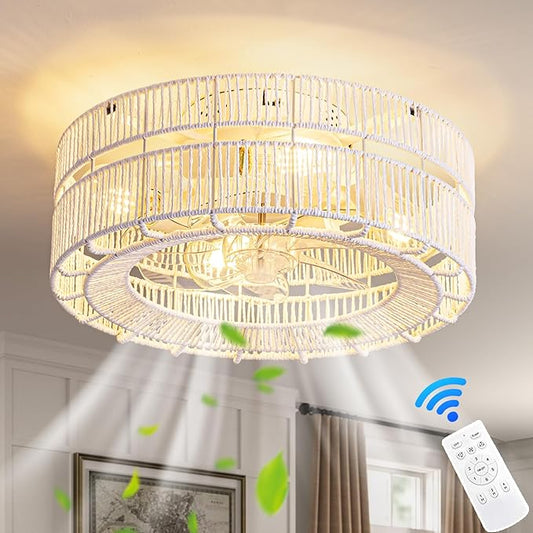 Boho Caged Ceiling Fans with Lights Flush Mount，Layered Rattan Ceiling Fan with Light Remote Control，White Farmhouse Low Profile 6 Speeds Ceiling Fan for Bedroom,Living Room,Kitchen,Dining Room