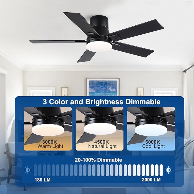 Rayqueen 42 Inch Ceiling Fans with Lights and Remote, Flush Mount Black Ceiling Fan, 6 Speed Reversible DC Motor, 3CCT Dimmable LED-Low Profile Design for Bedroom, Living room & Covered Outdoor