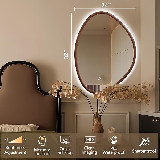Irregular LED Bathroom Mirror with Lights, 32"x24" Wood Framed LED Vanity Mirror, Anti-Fog Smart Mirror with 3 Colors Dimmable for Living Room Bathroom Entryway, Walnut