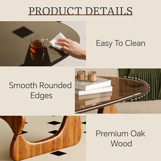 Coffee Table for Living Room Mid Century Modern Center Table with Glass Top and Wood, Brown/Walnut