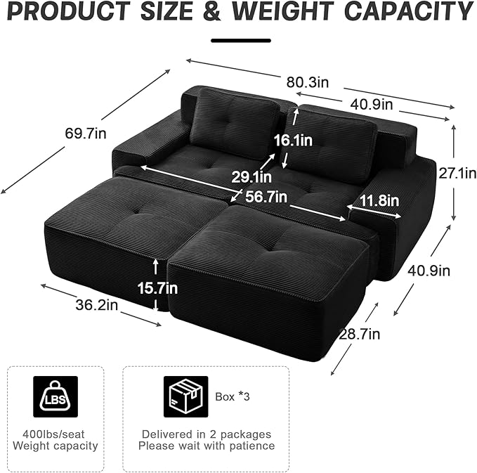 80" Modern Compressed Boneless Love Seat Couches with 2 Ottomans, 2 Seater Large Sectional Couches for Living Room, Black Corduroy Cloud Modular Sectional Sofa, Memory Foam, Deep Loveseat, No Assembly