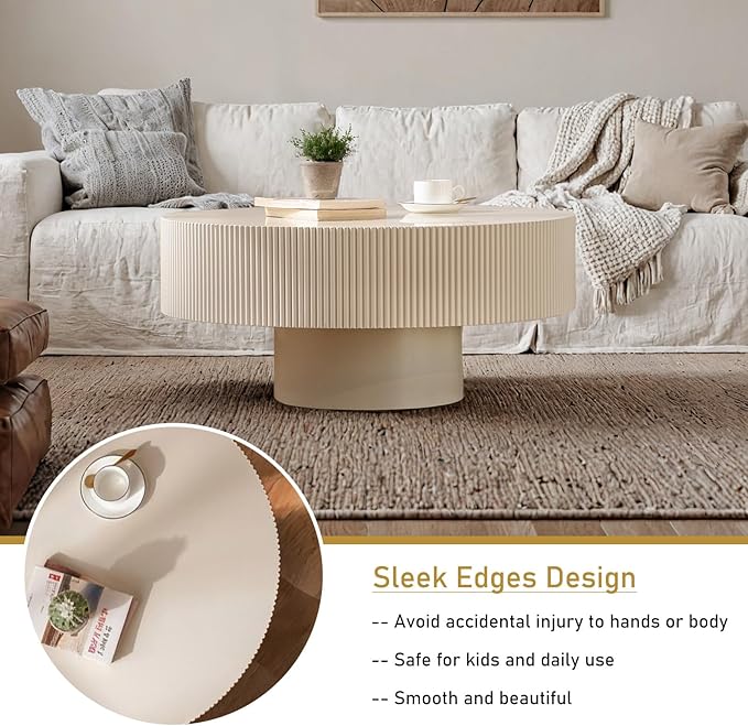 Round Drum Coffee Table 30.91" Handcrafted Fluted Drum Coffee Table Mid Century Accent Tables Modern Luxury Circle Center Table Vintage Farmhouse Center Table for Living Room (White Thick)