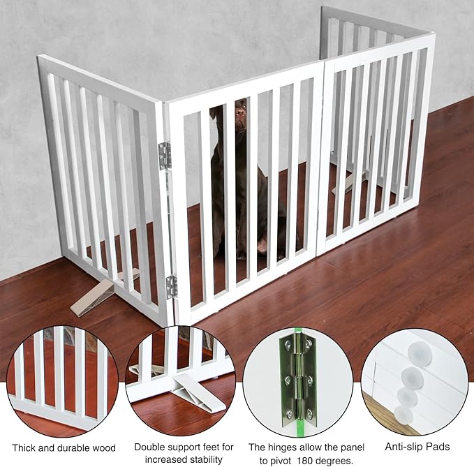 ZJSF Freestanding Indoor Dog Gate for House Foldable Wood White Puppy Gate for Doorways Pet Gate for Stairs Extra Wide Pet Fence 32" Height 4 Panels