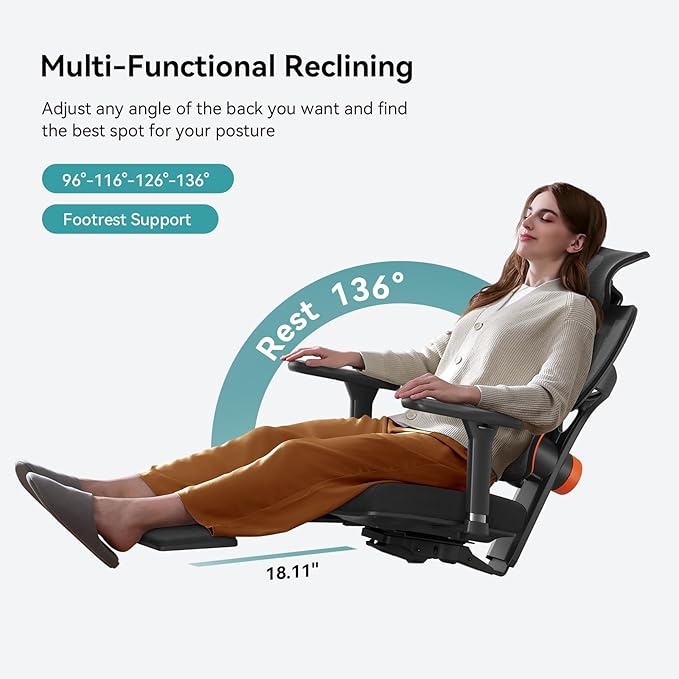 Newtral Ergonomic Office Chair with Fully Adaptive Lumbar Support, 136°Tilt Function, Computer Desk Chair with Soft 4D Armrest, Adjustable Headrest (Supreme with Laptop Tray, Black)