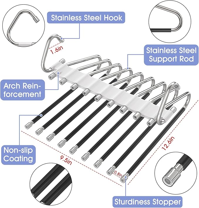 Upgrade 9 Layers Pants Hangers Space Saving, 2 Pack Multifunctional Pants Rack Non Slip Stainless Steel Clothes Space Saver Hangers Closet Organizers Storage for Pants Jeans Leggings, Creamy White