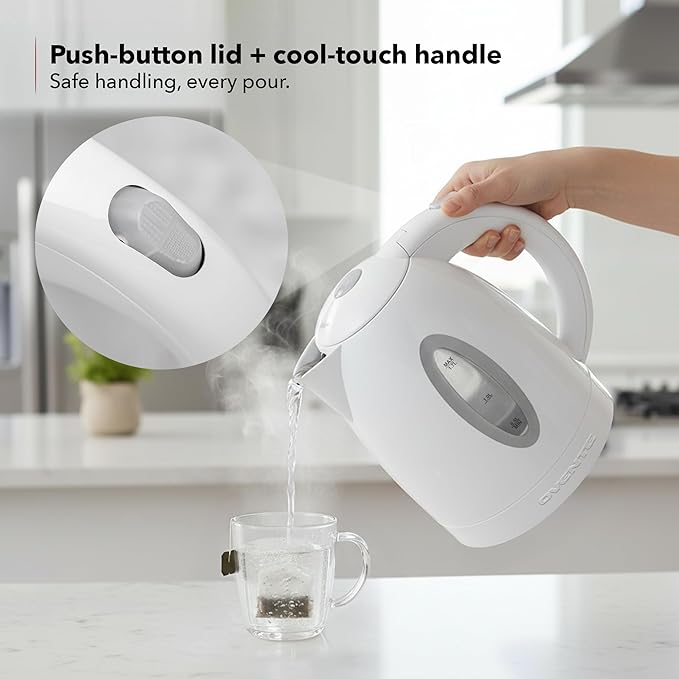 OVENTE Electric Kettle, 1.7L Fast Boiling Water Heater for Coffee or Tea, BPA Free with Water Level Gauge, Auto Shut-Off, Boil-Dry Protection, Indicator Light and Removable Filter, White KP72W