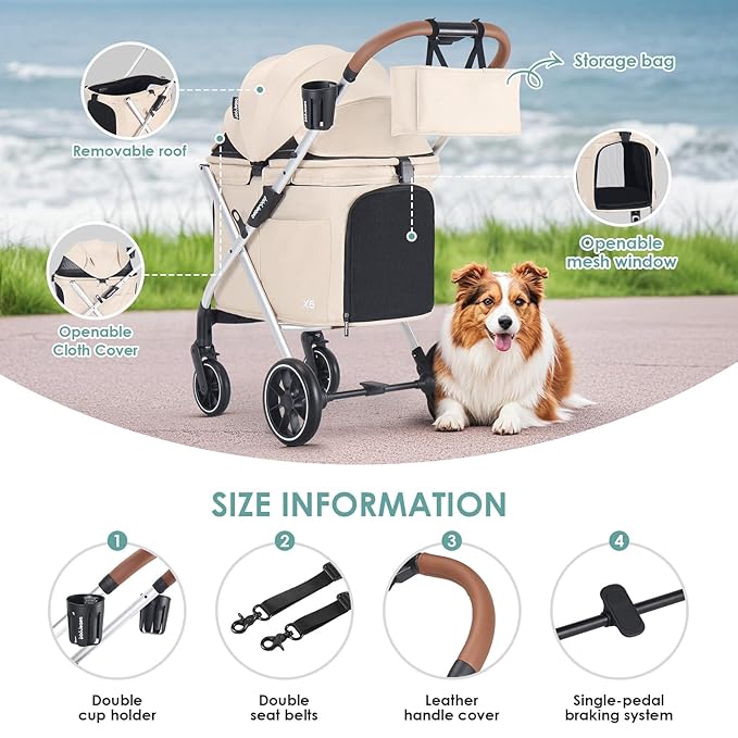 X6 Luxury Pet Stroller for Medium Dogs up to 66 lbs, One-Second Fold Design, 180° Canopy, 4-Wheel Shock Absorption (Beige)
