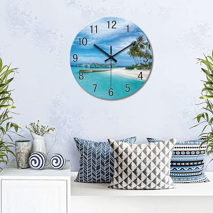 XFM Beach Wall Clock Battery Operated 14 Inch Blue Ocean Wall Clocks Silent Coastal Nautical Clock Decorative for Bathroom Kitchen Living Room Office