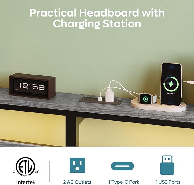 Bestier Queen Bed Frame with Storage Headboard and Charging Station, Grey Platform Bed Frame with LED Light, Non-Slip Metal Bed Frame, Noise-Free, Easy Assembly