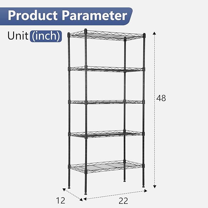FDW 5 Tier 22L x 12W x 48H Pantry Shelves Adjustable Storage Rack Metal Shelf NSF Shelving Units for Kitchen Garage Small Places Commercial,Black