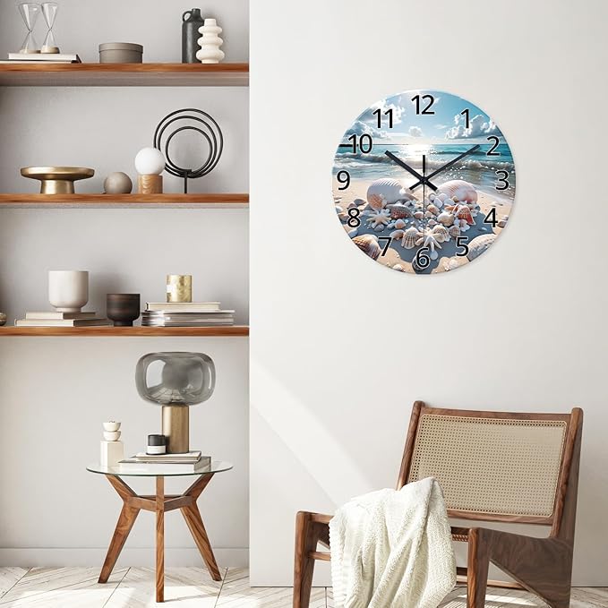 XNM 16 Inch Large Wall Clocks Battery Operated Coastal Shell Glass Clocks for Living Room Decor Blue Silent Wall Clock No Ticking