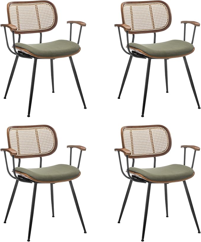 Rattan Dining Chairs Set of 4, Mid Century Modern Kitchen Side Chair, Metal Legs Desk Chair, Linen Fabric Accent Chair with Arms and Rattan Backrest, Beige