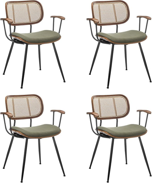 Rattan Dining Chairs Set of 4, Mid Century Modern Kitchen Side Chair, Metal Legs Desk Chair, Linen Fabric Accent Chair with Arms and Rattan Backrest, Beige