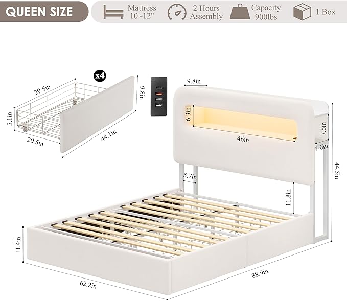 HOSTACK Queen LED Bed Frame with Storage Headboard and Charging Station, Kids Bed Frame with 4 Drawers and USB Ports, Velvet Upholstered Platform Bed Frame with Bookcase, No Box Spring Needed, Cream