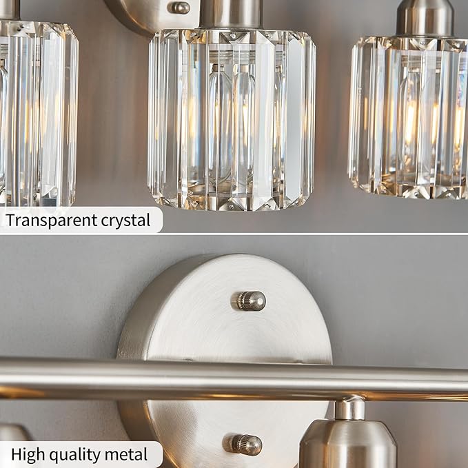 Modern 3 Light Crystal Vanity Light, Brushed Nickel Vertical Bathroom Light Fixture Over Mirror for Dressing Table Sink, Compatible with Dimmable Bulbs (Bulbs Not Included)