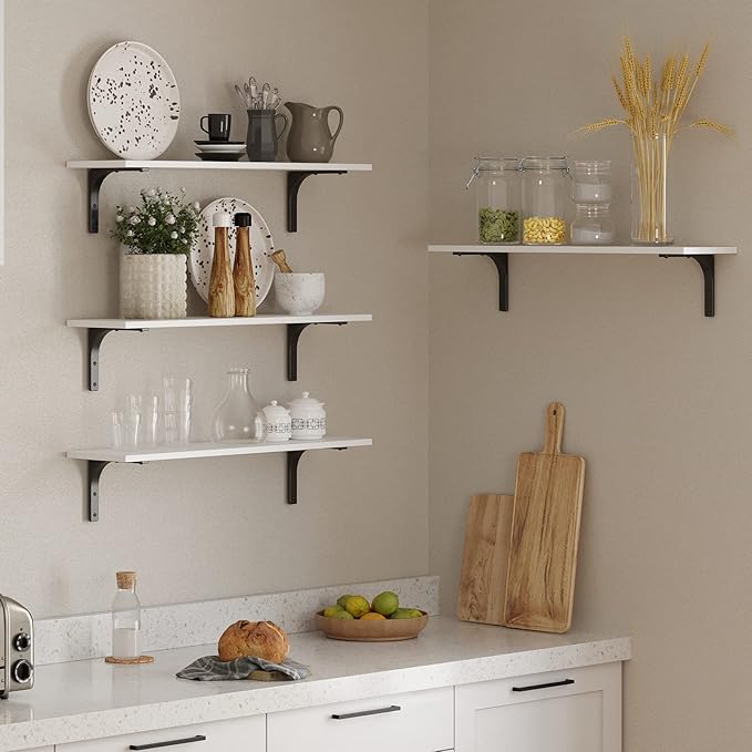 DINZI LVJ Long Wall Shelves, 23.6 Inch Wall Mounted Shelves Set of 2, Easy-to-Install, Floating Storage Ledges with Sturdy Metal Brackets for Living Room, Bathroom, Bedroom, Kitchen, White