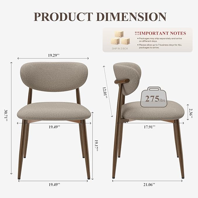 Dining Chairs Set of 6, Upholstered Dining Room Chairs with Metal Legs and Anti Slip Pads, Curved Back Kitchen Chair for Home and Restaurant Use, Camel