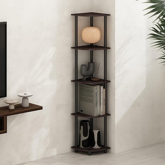 Furinno Turn-N-Tube Storage Shelves, 5-Tier Book Shelf, Corner Shelf, Toolless Open Shelves, for Organization and Storage, Living Room, Home Office, Hallway, Bedroom, Dark Walnut