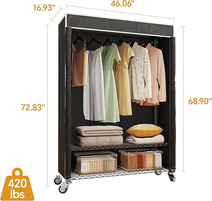 H4 Plus Rolling Garment Rack with Cover, Heavy Duty Clothes Rack with Wheels, Portable Closet for Hanging Clothes, Wardrobe Closets Organizer Storage, Black Closet Rack with Black Fabric Cover