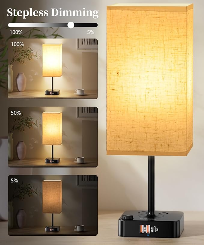 RGB Color Changing Lamp - Multi Color Desk Table Lamp with 2 AC Outlets, Stepless Dimming, Built-in USB-C + USB Charging Ports, Modern LED Bedside Lamp for Bedroom,Living Room, Dorm, or Home Office