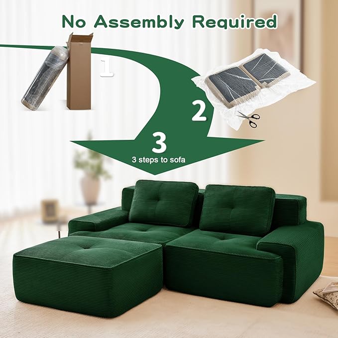 80" Modern Corduroy Boneless Love Seat Couches with 1 Ottoman, 2 Seater Large Sectional Couches for Living Room, Green Cloud Modular Sectional Sofa, Memory Foam, Extra Deep Loveseat, No Assembly